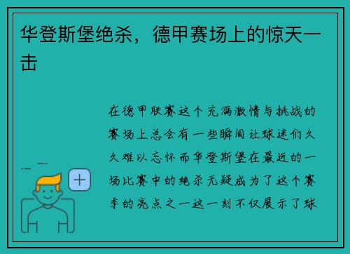 华登斯堡绝杀，德甲赛场上的惊天一击