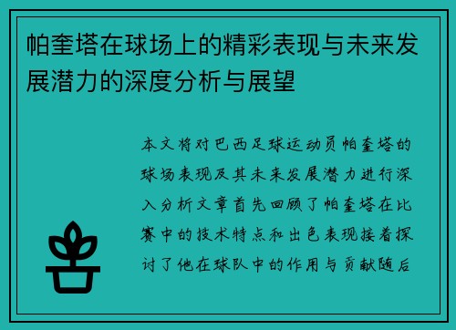 帕奎塔在球场上的精彩表现与未来发展潜力的深度分析与展望